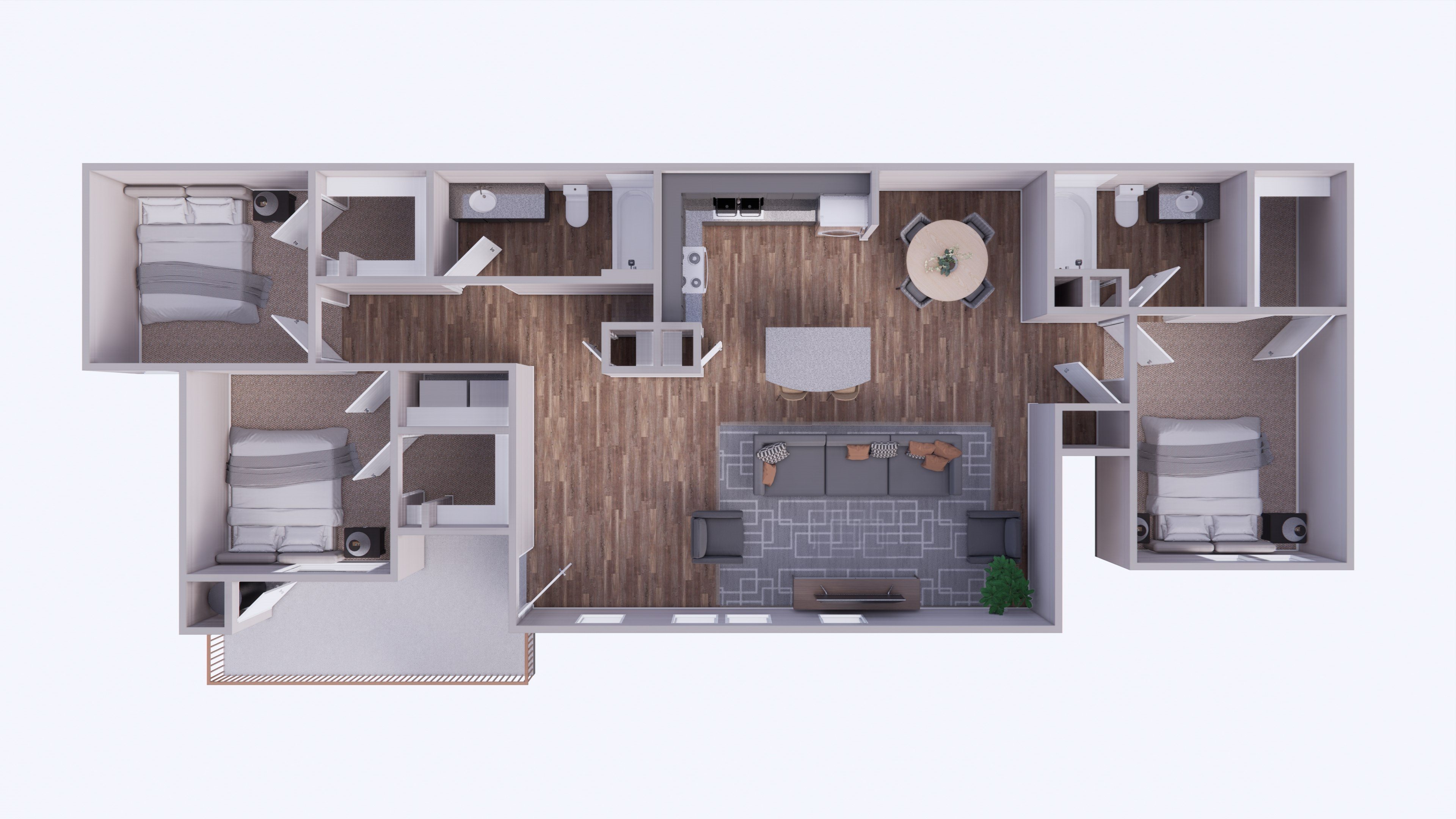 A 3D rendered image of a house layout.